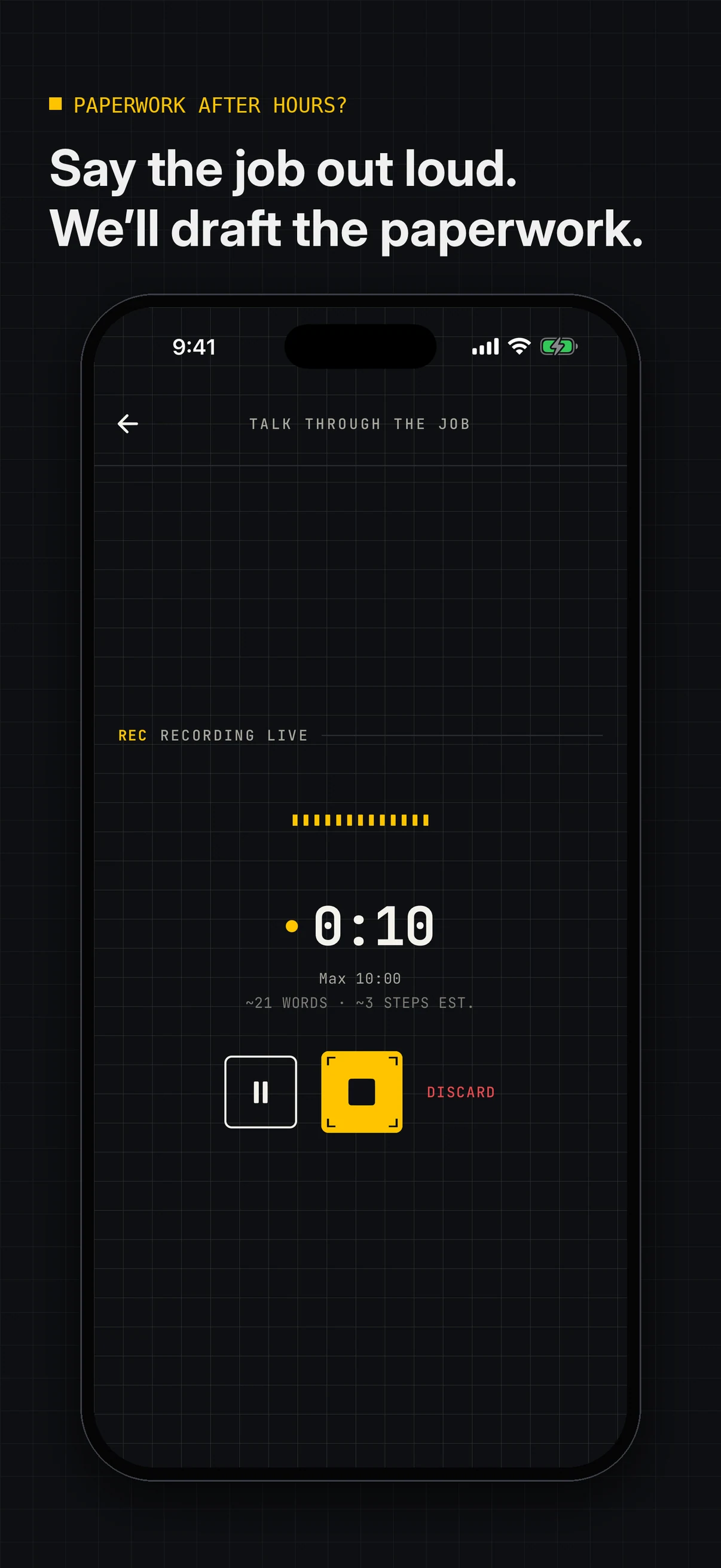SOPmate app screen for describing a job by voice before generating a safety document draft.